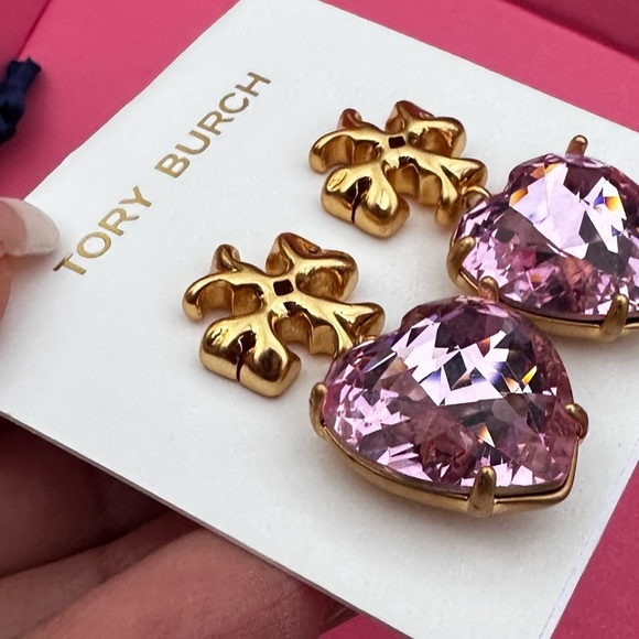 Pink 💖Tory Burch Crystal Heart Earrings Kira gold logo studs miller earring - Picture 10 of 11